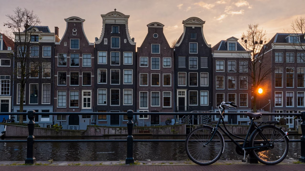 Amsterdam Canal House Facades at Sunset with Vintage Bicycle and Cobblestone Street Scene in in Amsterdam, Netherlands