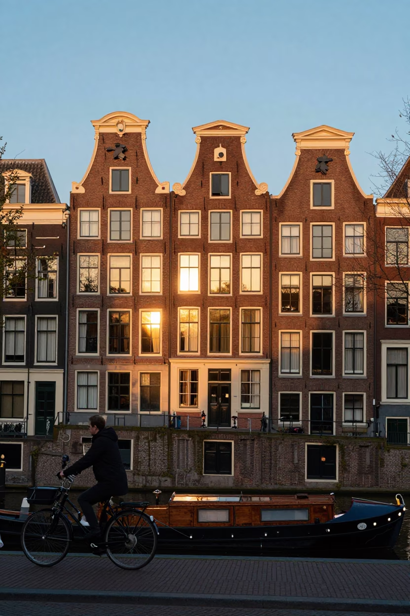 Amsterdam Canal House Facades at Sunset with Window Light on Doorframe in in Amsterdam, Netherlands