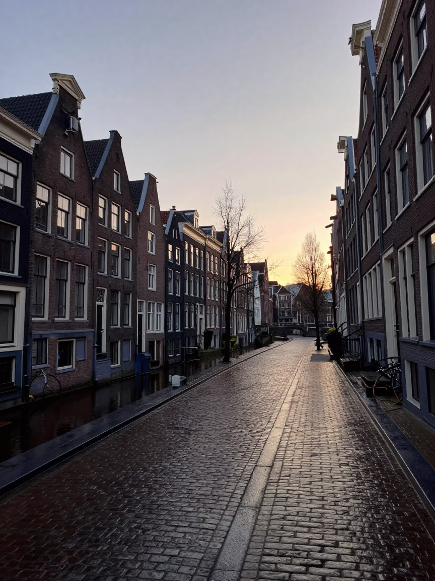 Amsterdam canal house gable and cobblestone street before sunrise in 1960s Netherlands in in Amsterdam, Netherlands