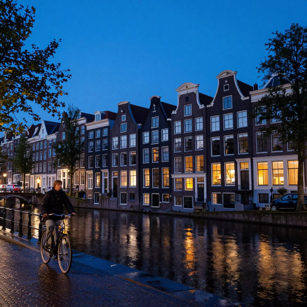 Amsterdam canal house gables in indigo twilight with cyclist and rain in in Amsterdam, Netherlands