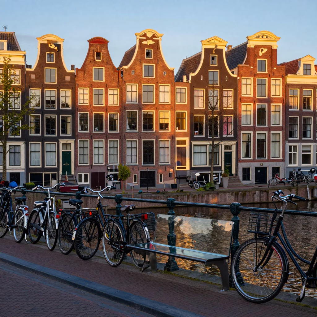 Amsterdam Canal House Golden Hour Bicycle Parking with Glass Bench and Raincoats in in Amsterdam, Netherlands