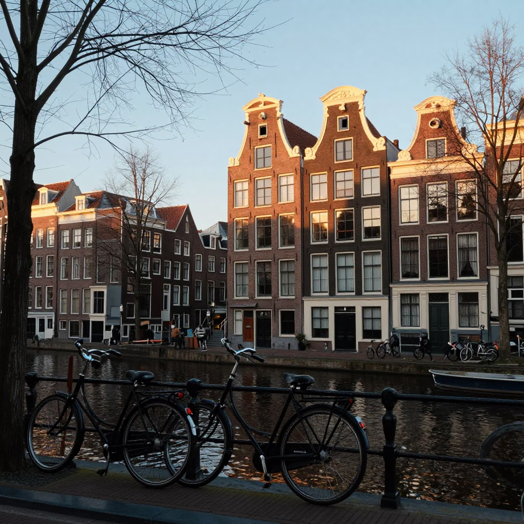 Amsterdam Canal House Golden Hour Street Scene with Bicycle and Glass Jar in in Amsterdam, Netherlands