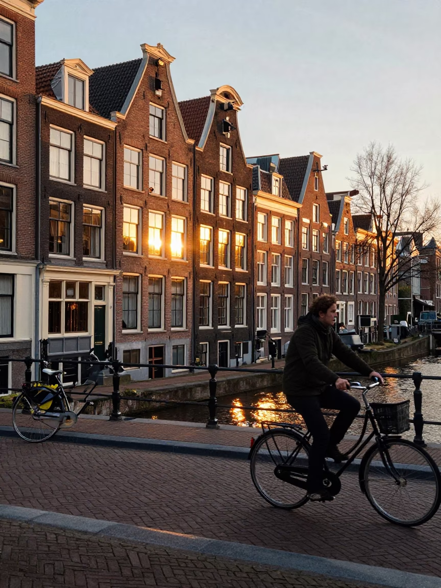 Amsterdam Canal House Golden Hour Street Scene with Cyclist and Bicycle in in Amsterdam, Netherlands
