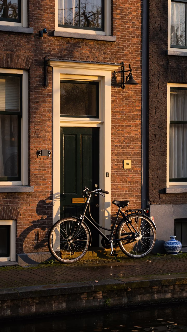 Amsterdam Canal House Golden Hour with Bicycle and Blue Porcelain Bowl in in Amsterdam, Netherlands