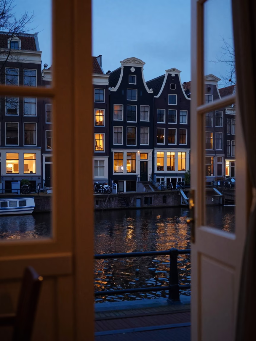 Amsterdam Canal House Interior at Dusk with Traditional Latch and Doorknob in in Amsterdam, Netherlands
