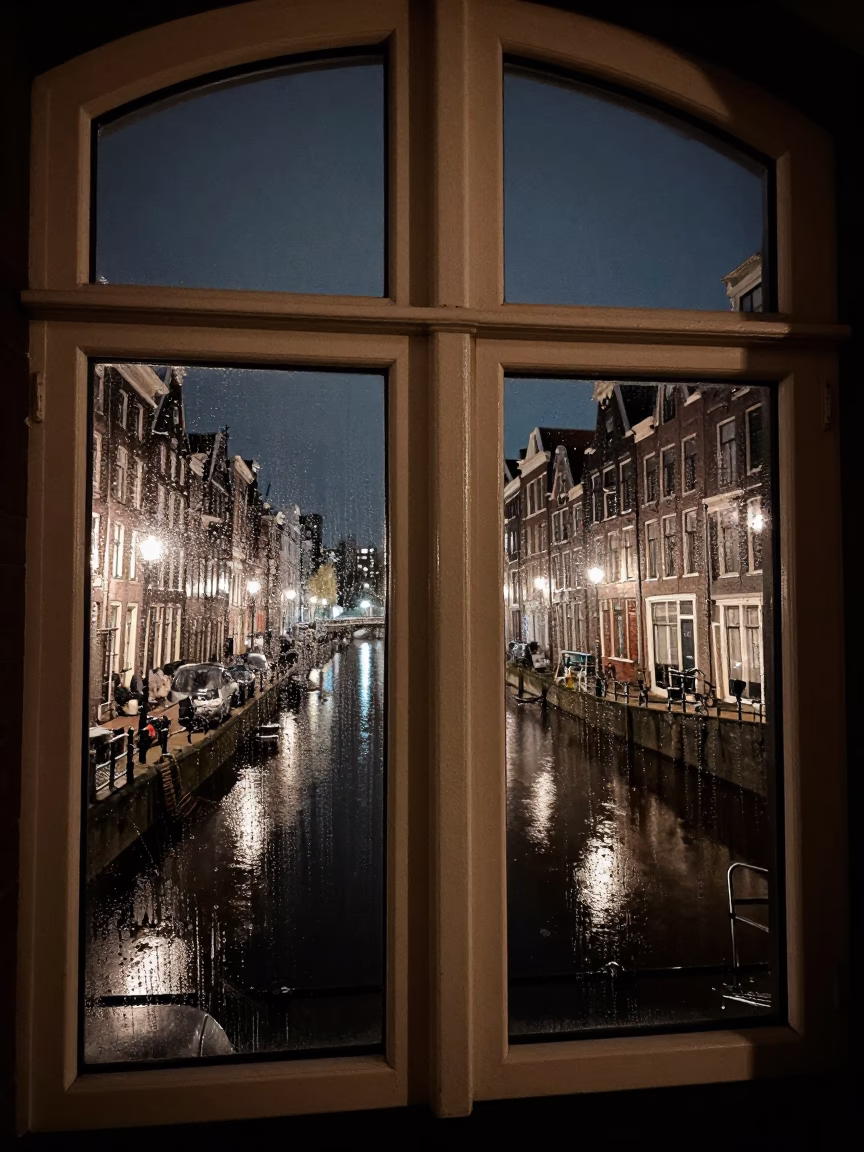 Amsterdam Canal House Interior at Night with Condensation and Vintage Decor in in Amsterdam, Netherlands