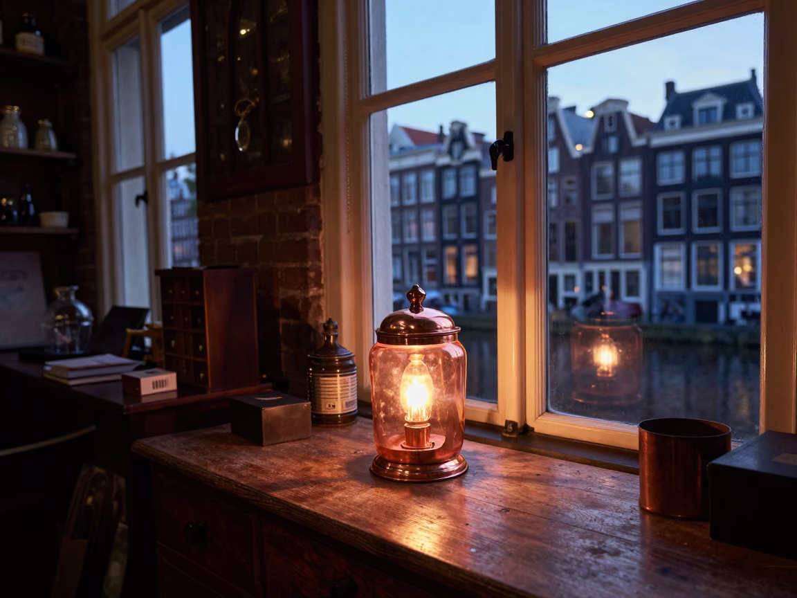Amsterdam Canal House Interior Copper Light 1960s Apothecary Jar and Letter Opener in in Amsterdam, Netherlands