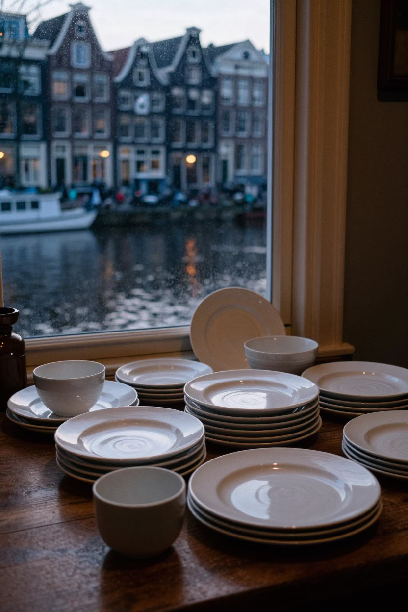 Amsterdam Canal House Interior Evening Light on Ceramic Tableware in in Amsterdam, Netherlands