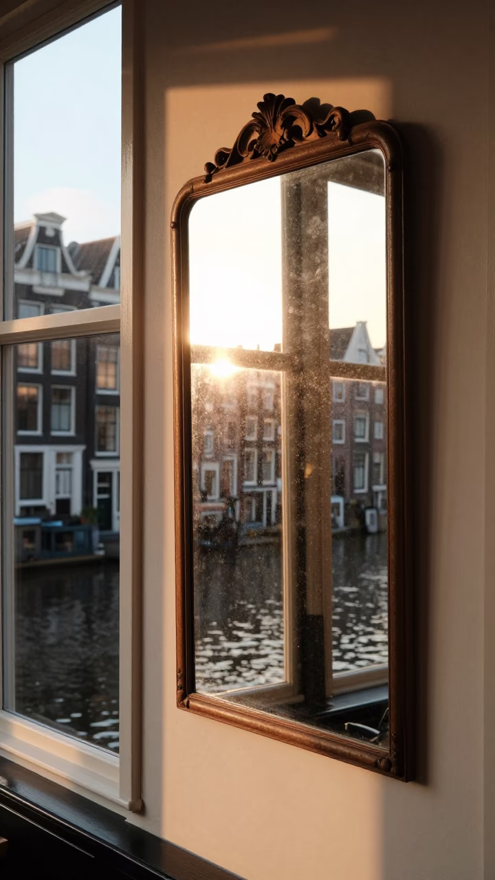 Amsterdam canal house interior golden hour light reflecting on vintage mirror and wicker basket in in Amsterdam, Netherlands