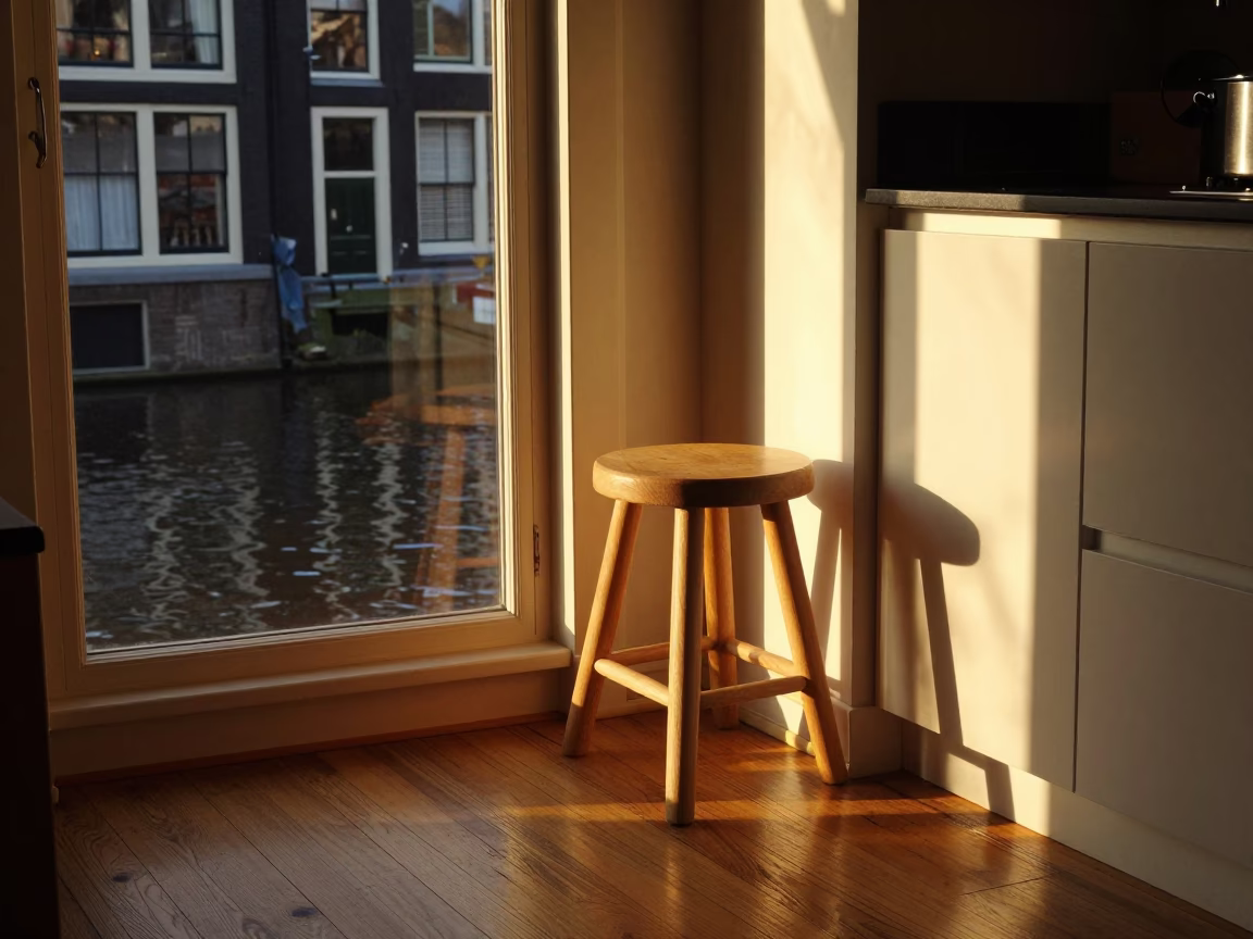 Amsterdam Canal House Interior Honeyed Evening Light Kitchen Stool and Mineral Rings in in Amsterdam, Netherlands