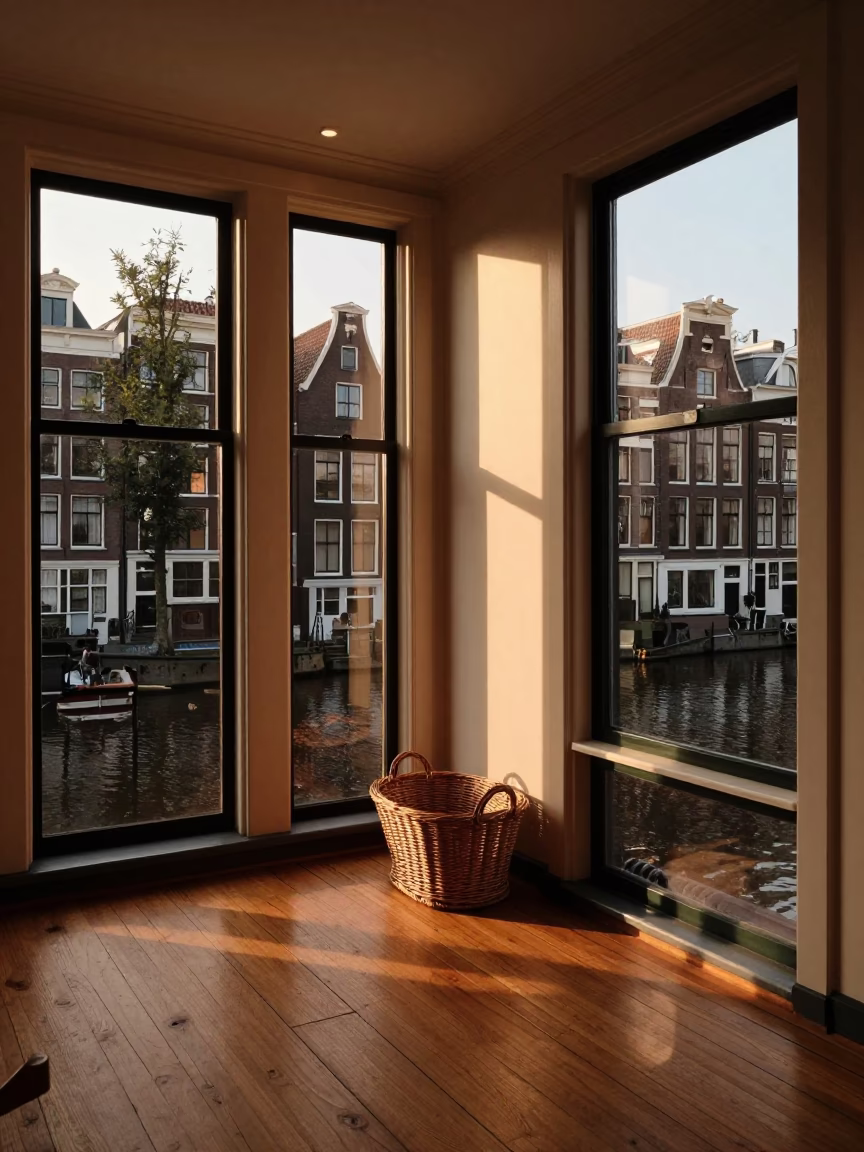 Amsterdam Canal House Interior Honeyed Evening Light with Traditional Dutch Details in in Amsterdam, Netherlands