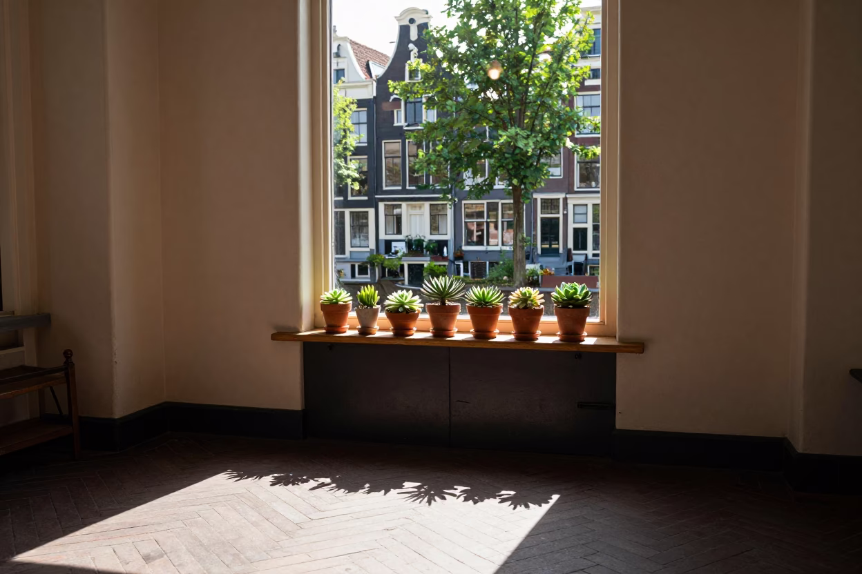 Amsterdam Canal House Interior Late Afternoon Sunlight and Greenery in in Amsterdam, Netherlands