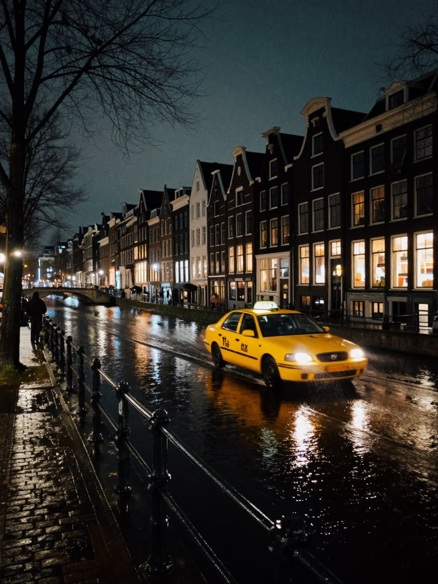 Amsterdam Canal House Interior Late Night with Yellow Taxi Rain Reflection and Vintage Details in in Amsterdam, Netherlands