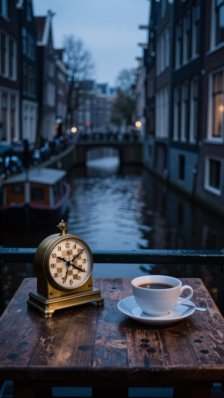 Amsterdam Canal House Interior Morning Light Chess Clock Coffee Ceremony in in Amsterdam, Netherlands