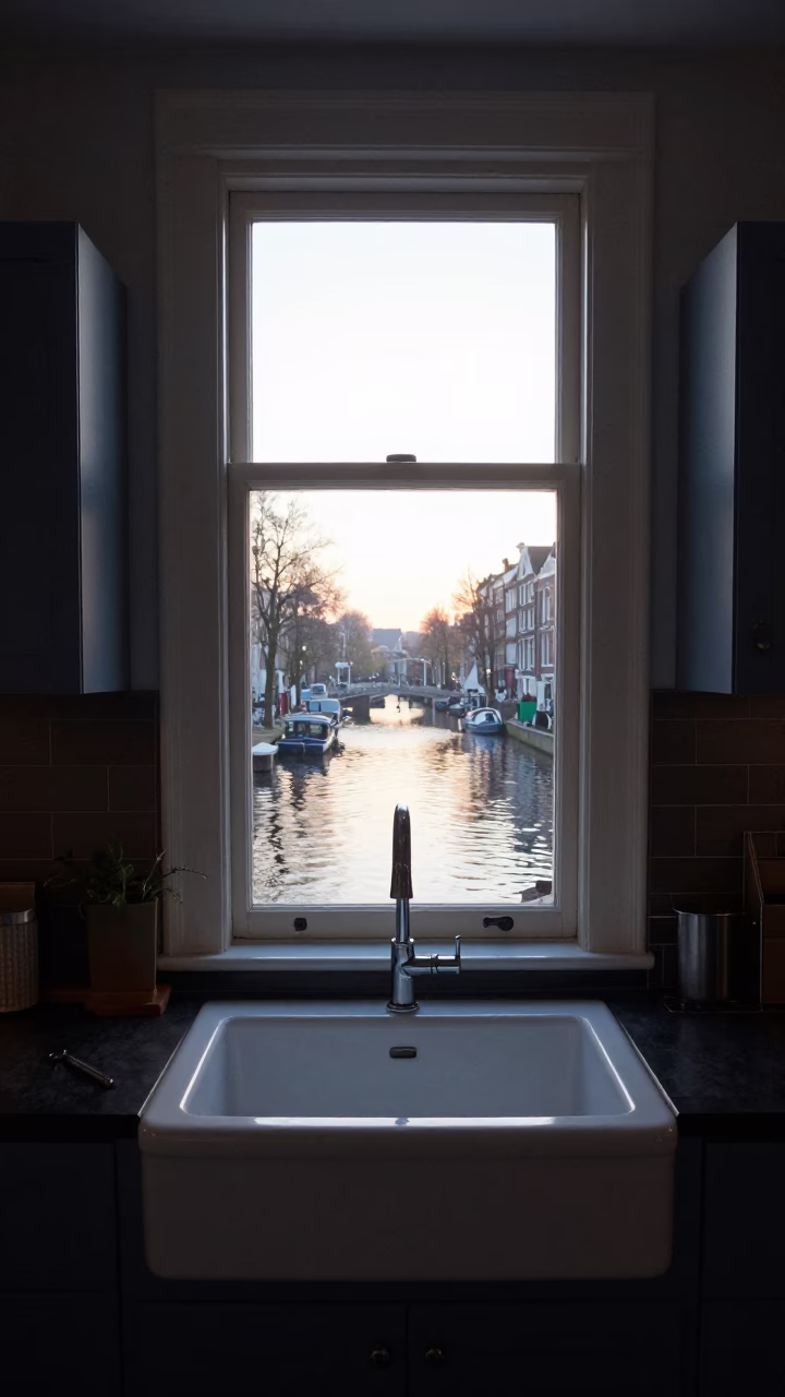 Amsterdam Canal House Interior Morning Light Vintage Kitchen Sink and Coffee Preparation in in Amsterdam, Netherlands