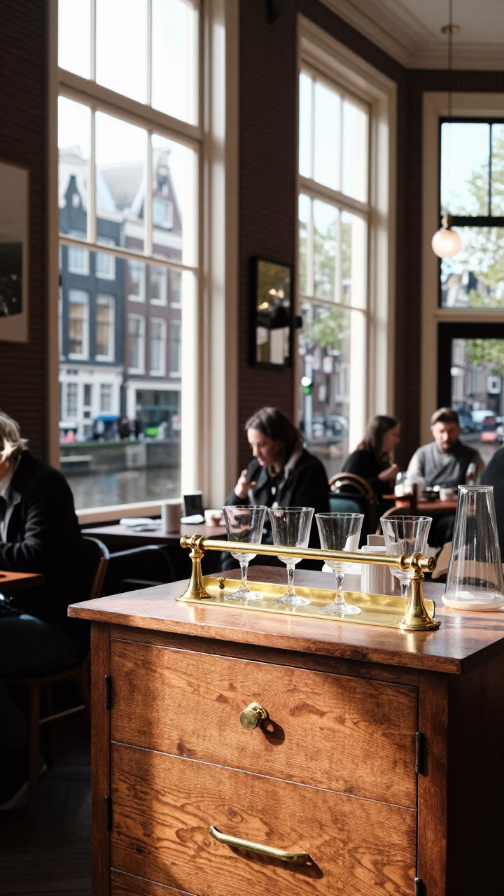 Amsterdam Canal House Interior with Brass Hardware and Glassware in in Amsterdam, Netherlands