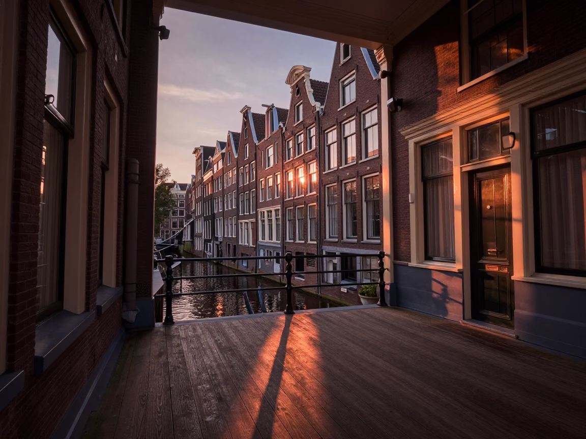 Amsterdam Canal House Interior with Copper Dusk Light and Traditional Tea Stains in in Amsterdam, Netherlands