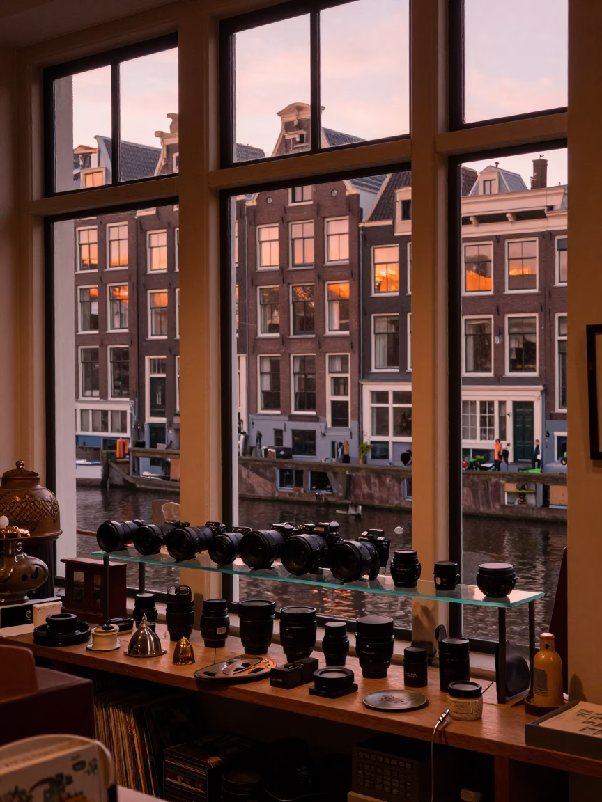 Amsterdam Canal House Interior with Copper Dusk Light and Vintage Details in in Amsterdam, Netherlands