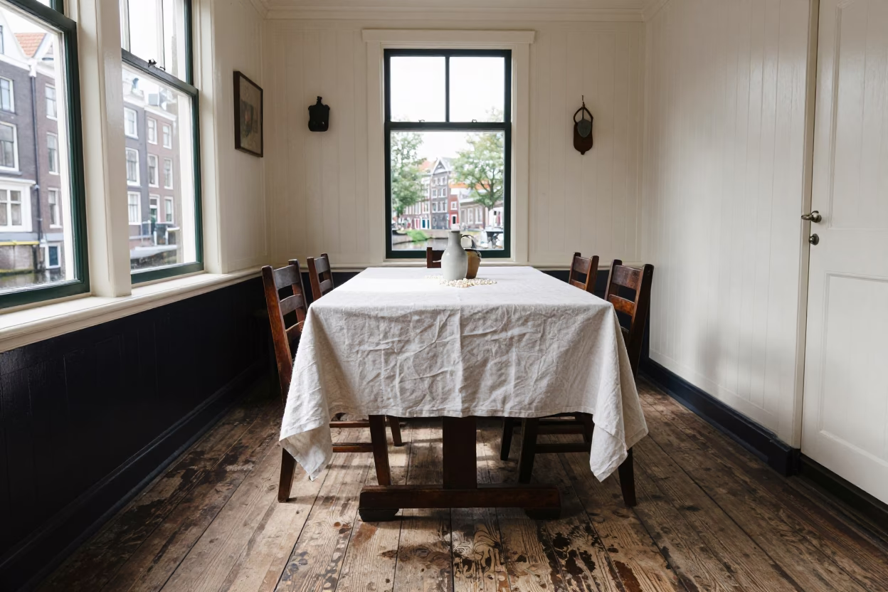 Amsterdam Canal House Interior with Linen and Pearls Under Noon Light in in Amsterdam, Netherlands