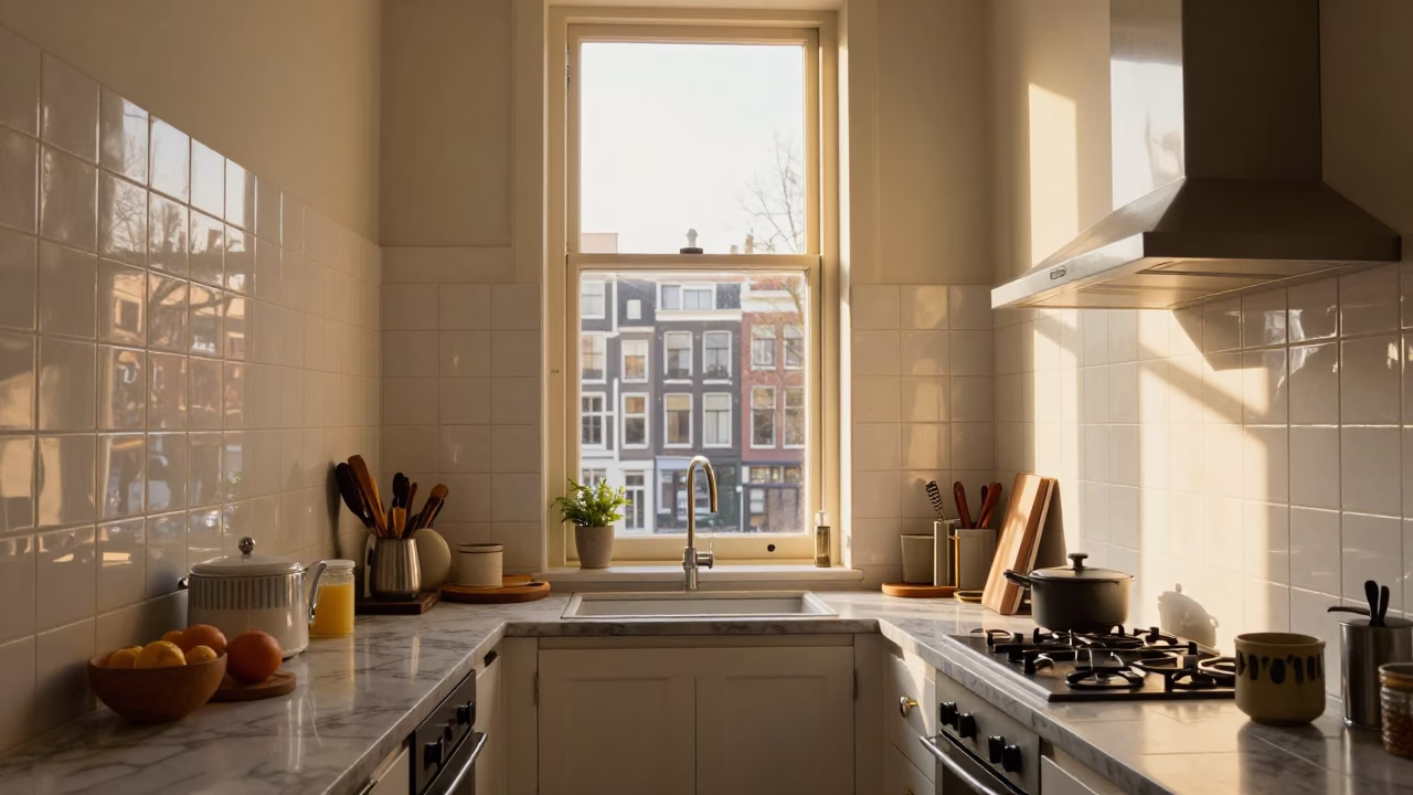 Amsterdam Canal House Kitchen Interior Late Afternoon Light Ceramic Tiles and Utensil Crock in in Amsterdam, Netherlands