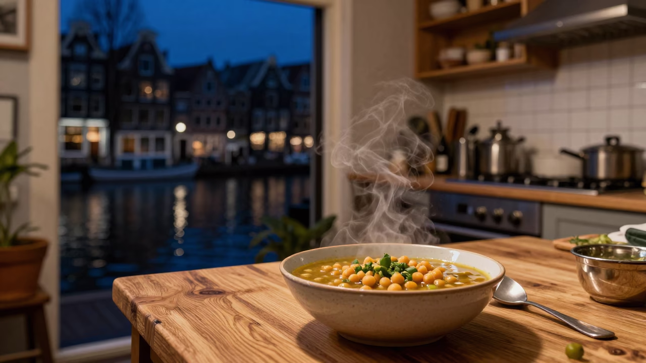 Amsterdam Canal House Kitchen Night Scene with Steaming Lablabi and Lantern Light in in Amsterdam, Netherlands