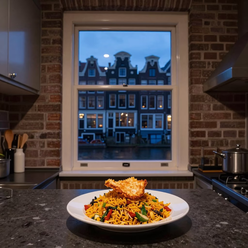 Amsterdam Canal House Kitchen Window Nasi Goreng Evening Meal in in Amsterdam, Netherlands