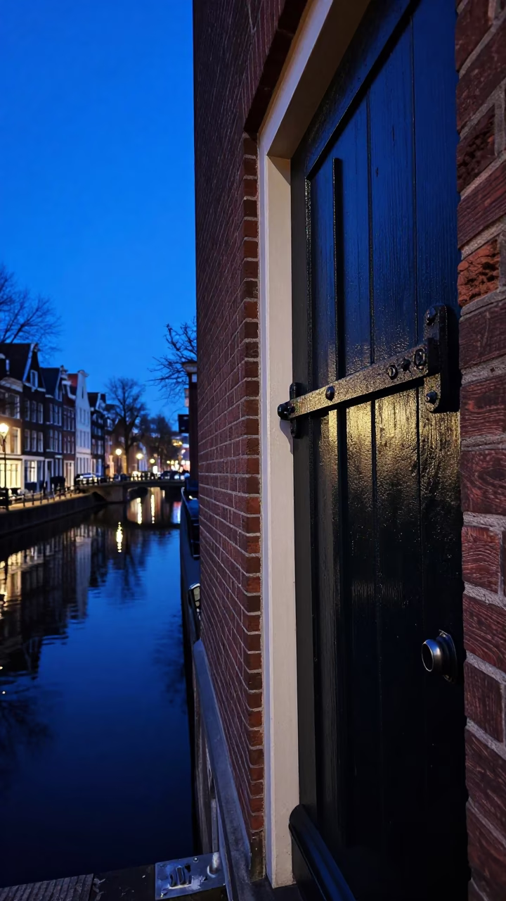 Amsterdam Canal House Latch Detail in Evening Blue Light in in Amsterdam, Netherlands