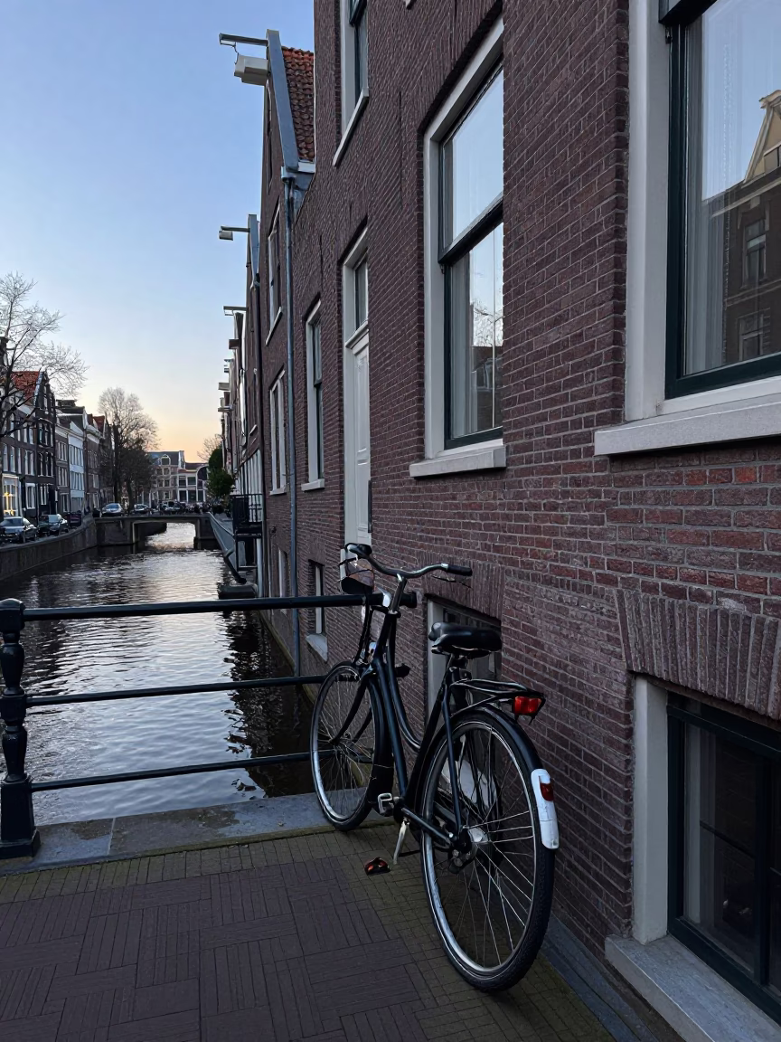 Amsterdam Canal House Morning Light and Bicycle Latch Detail in in Amsterdam, Netherlands