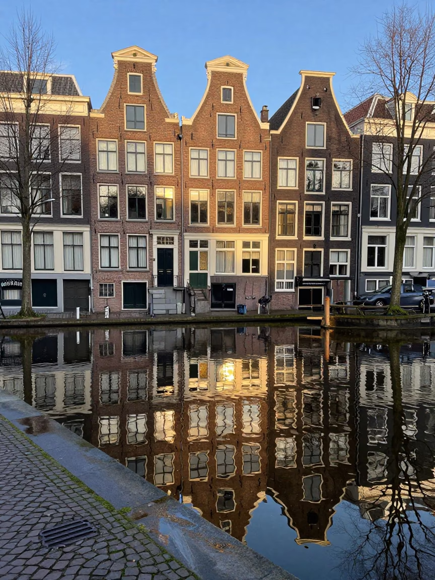 Amsterdam Canal House Morning Light Reflections on Cobblestones and Historic Facades in in Amsterdam, Netherlands