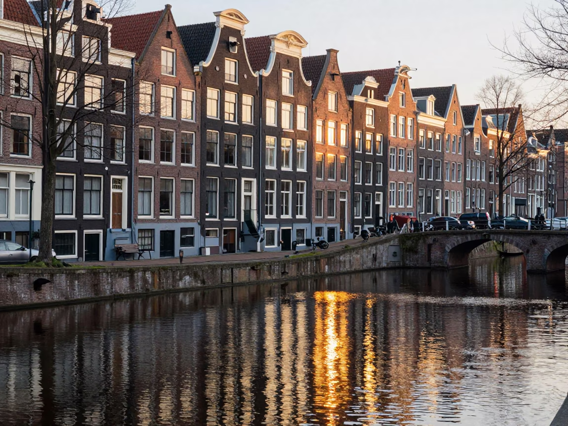 Amsterdam Canal House Morning Light Reflections on Cobblestones in in Amsterdam, Netherlands