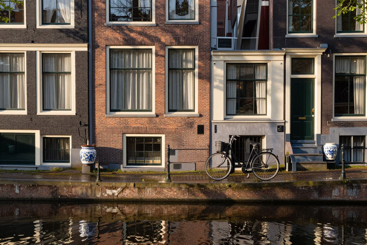 Amsterdam Canal House Morning Light with Bicycle and Vintage Utensils in in Amsterdam, Netherlands