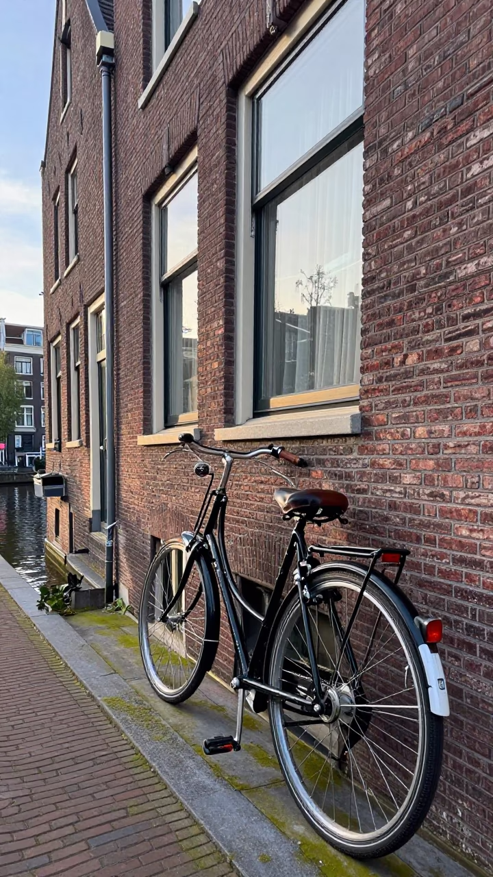 Amsterdam Canal House Morning Light with Vintage Bicycle and Cobblestone Street in in Amsterdam, Netherlands