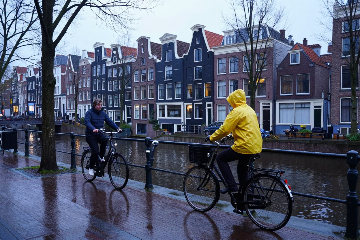 Amsterdam Canal House Morning Routine with Bicycle and Wet Cobblestones Before Dawn in in Amsterdam, Netherlands