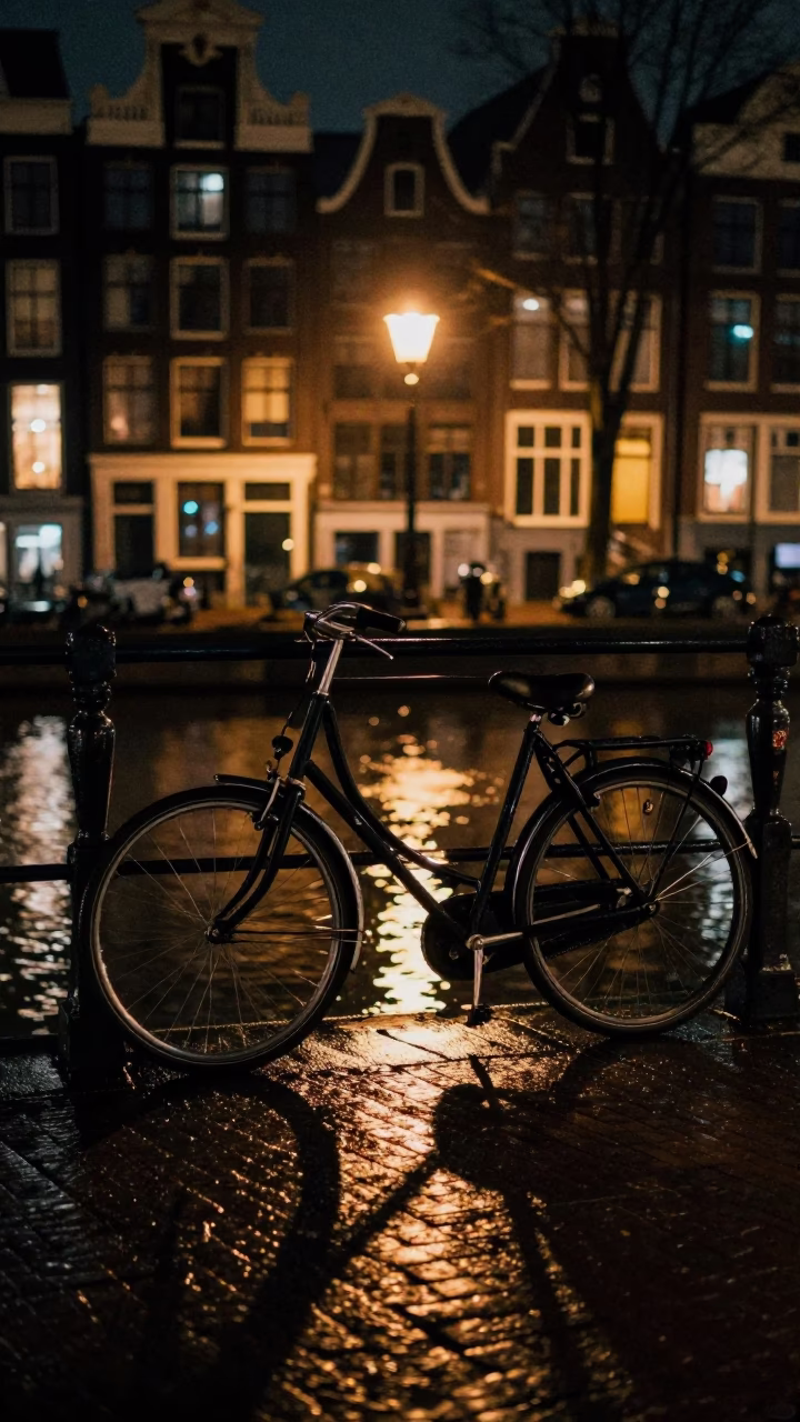Amsterdam Canal House Night Reflections Bicycle Lock Scratches Urban Street Photography in in Amsterdam, Netherlands
