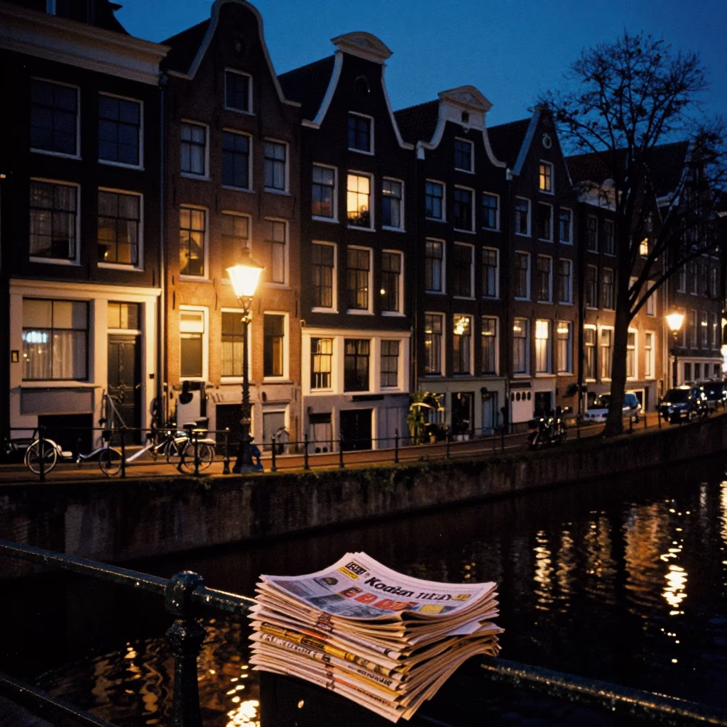 Amsterdam Canal House Night Scene with Newspaper Stack and Ashtray at Midnight in in Amsterdam, Netherlands
