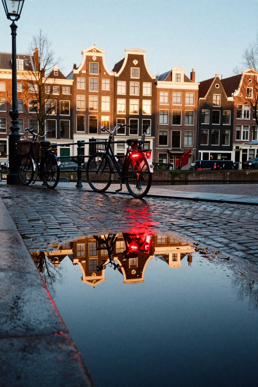Amsterdam Canal House Puddle Reflection Tail Lights Late Afternoon in in Amsterdam, Netherlands