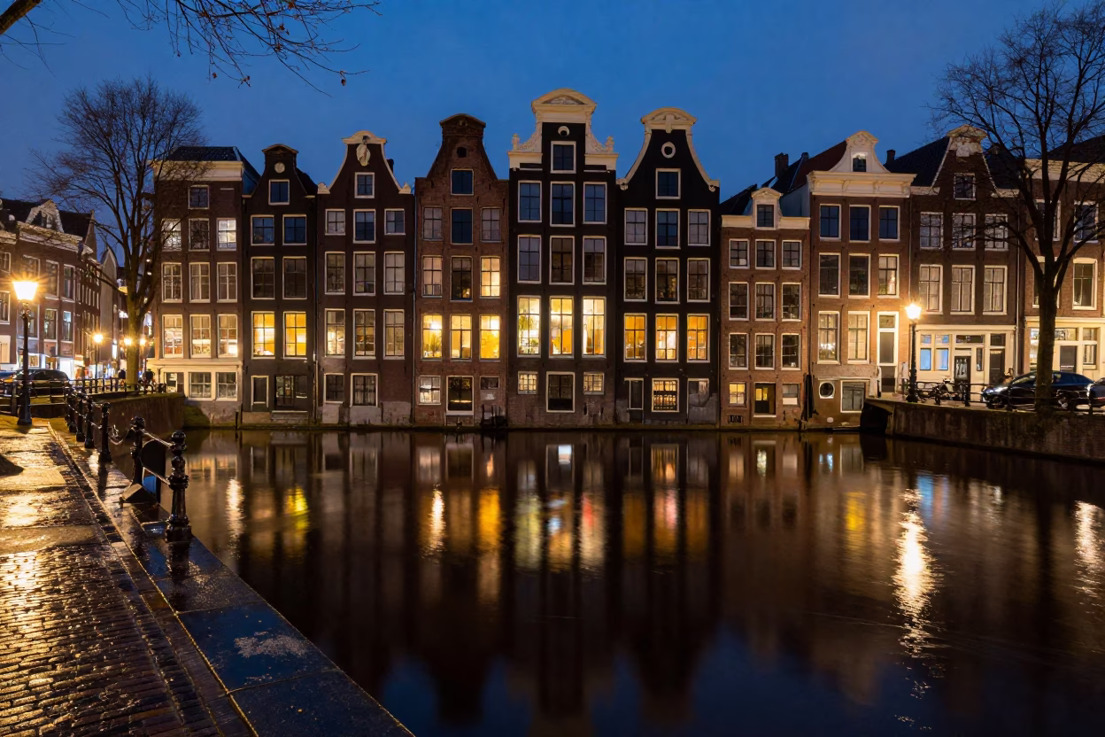 Amsterdam Canal House Reflection at Midnight with Wicker Shadow on Window Glass and Doormat in in Amsterdam, Netherlands