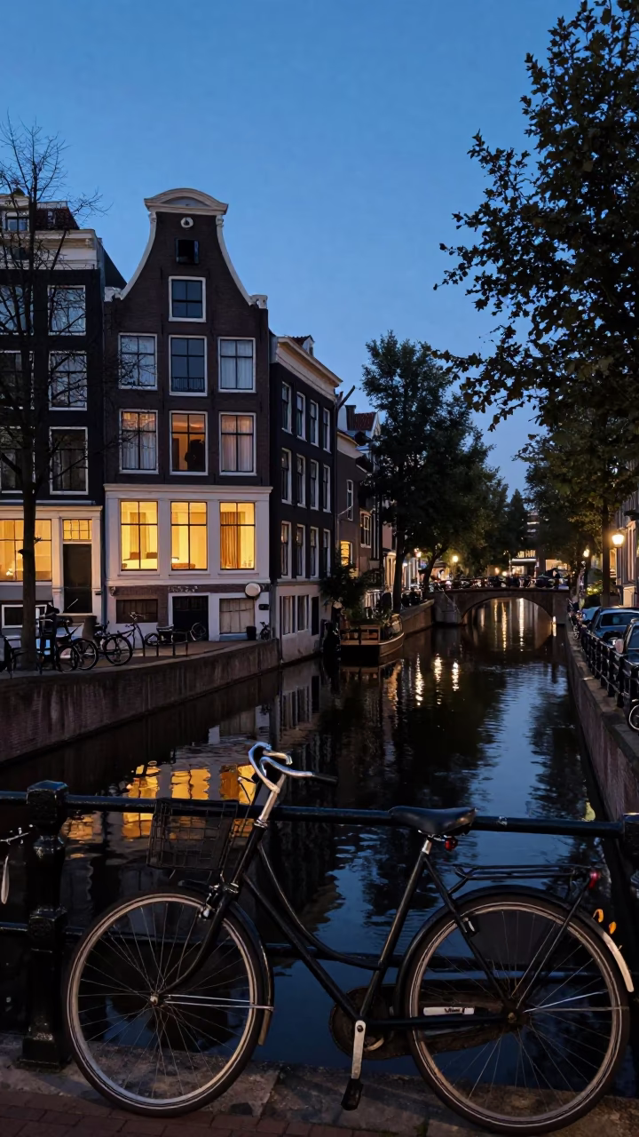 Amsterdam canal house reflection at twilight with bicycle and cobblestone street in in Amsterdam, Netherlands