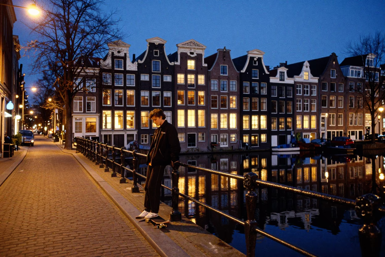 Amsterdam Canal House Reflections at Blue Hour with Skateboard and Pond in in Amsterdam, Netherlands