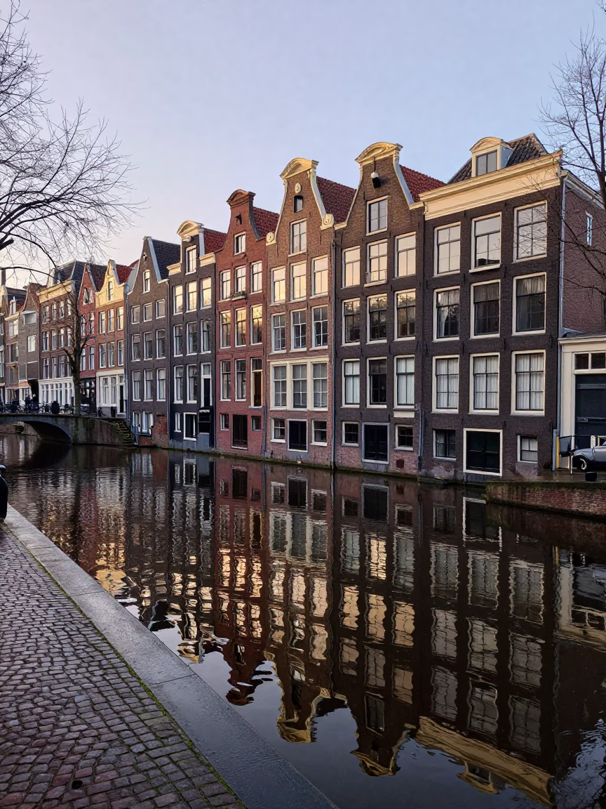 Amsterdam Canal House Reflections at Dawn Wet Cobblestones and Morning Light in in Amsterdam, Netherlands