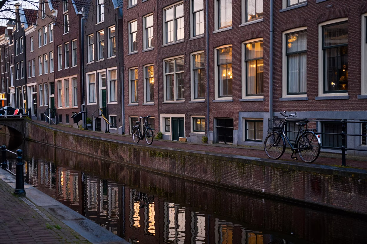 Amsterdam Canal House Reflections at Dusk with Bicycle and Wet Cobblestones in in Amsterdam, Netherlands