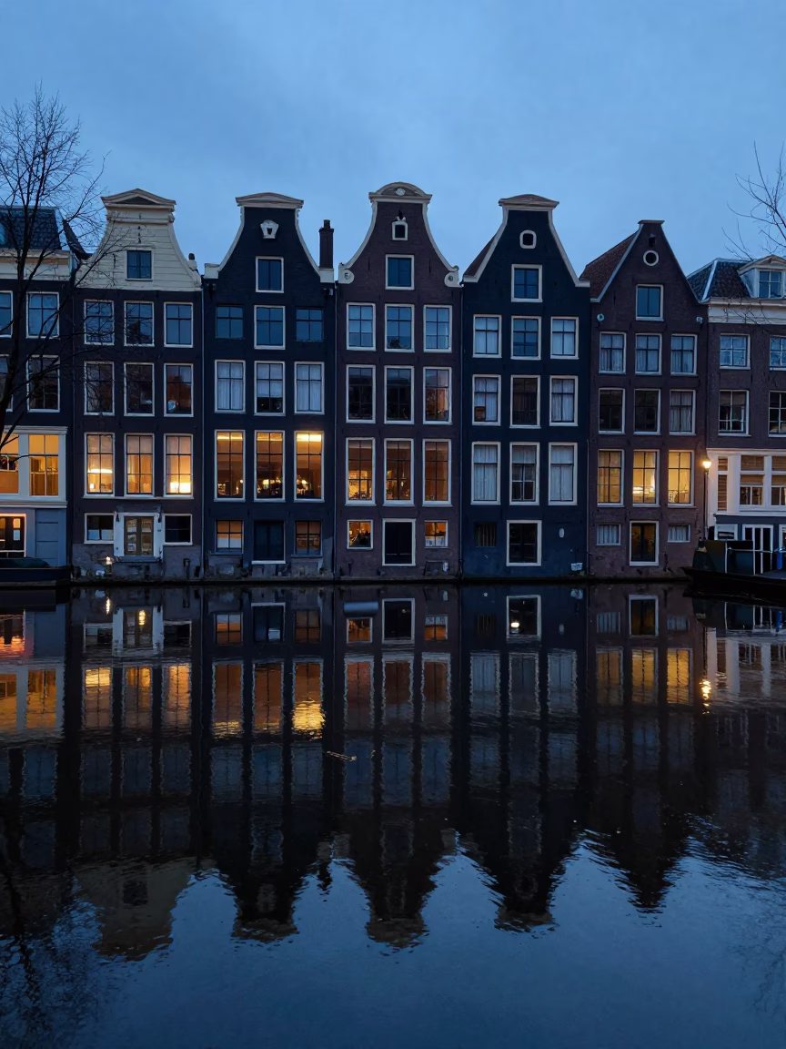 Amsterdam Canal House Reflections Before Sunrise with Shoehorn Detail in in Amsterdam, Netherlands