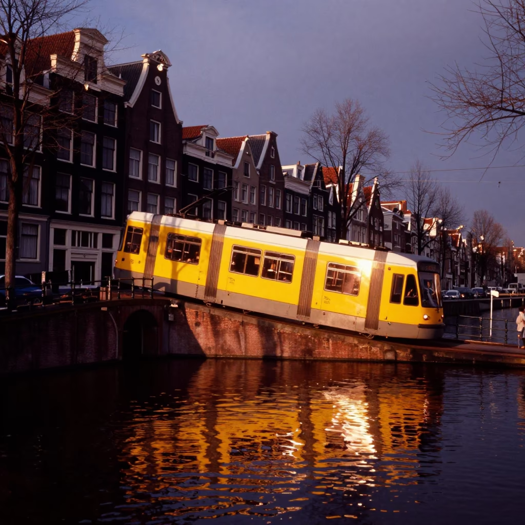 Amsterdam Canal House Reflections in Copper Dusk Light with Yellow Tram in in Amsterdam, Netherlands