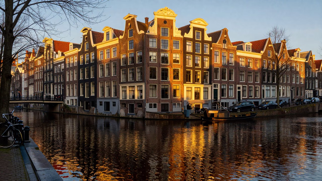 Amsterdam Canal House Reflections in Honeyed Evening Light with Umbrellas in in Amsterdam, Netherlands