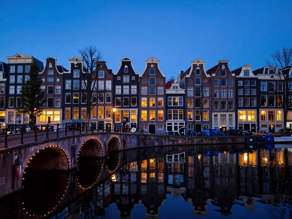 Amsterdam Canal House Reflections in Indigo Twilight with Cyclist and Bridge in in Amsterdam, Netherlands