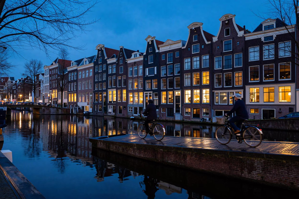 Amsterdam Canal House Reflections in Indigo Twilight with Vintage Street Details in in Amsterdam, Netherlands