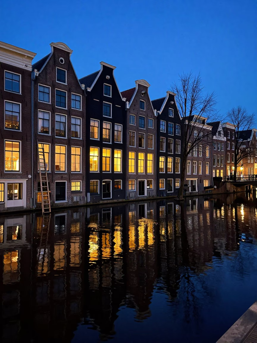 Amsterdam Canal House Reflections in Indigo Twilight with Wooden Ladder and Fingerprinted Window in in Amsterdam, Netherlands