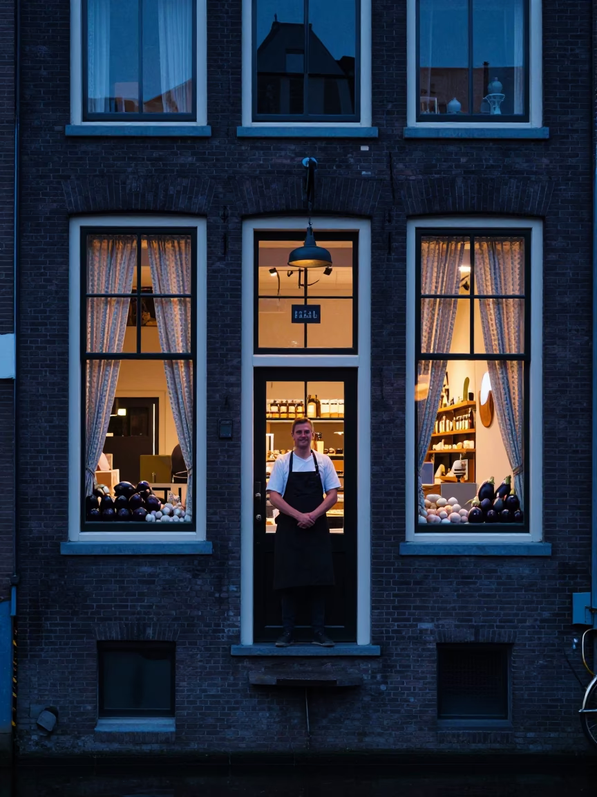 Amsterdam Canal House Shopkeeper Blue Hour Garlic and Eggplants in in Amsterdam, Netherlands