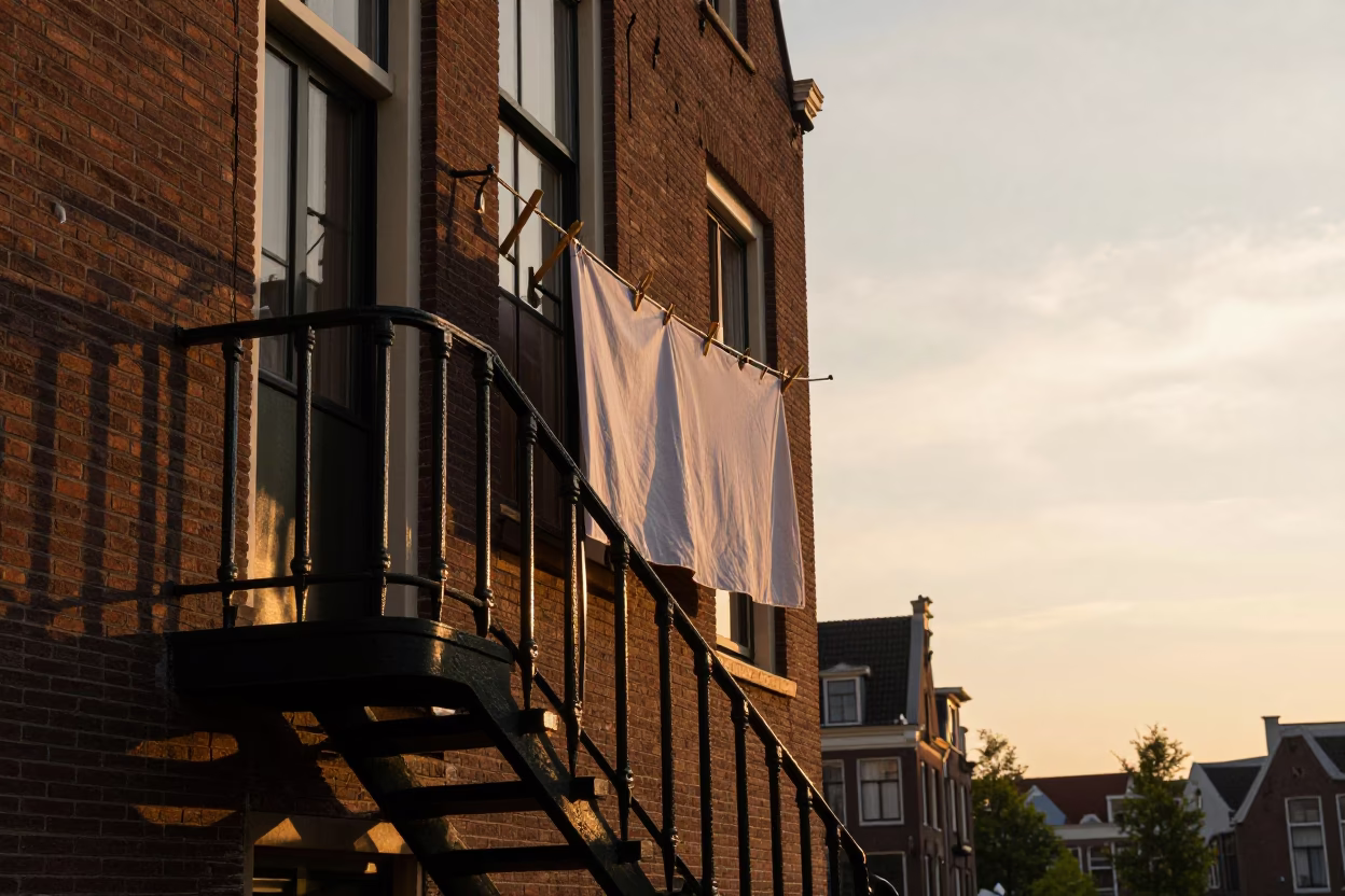 Amsterdam Canal House Stair Rail and Laundry Pins at Sunset in in Amsterdam, Netherlands