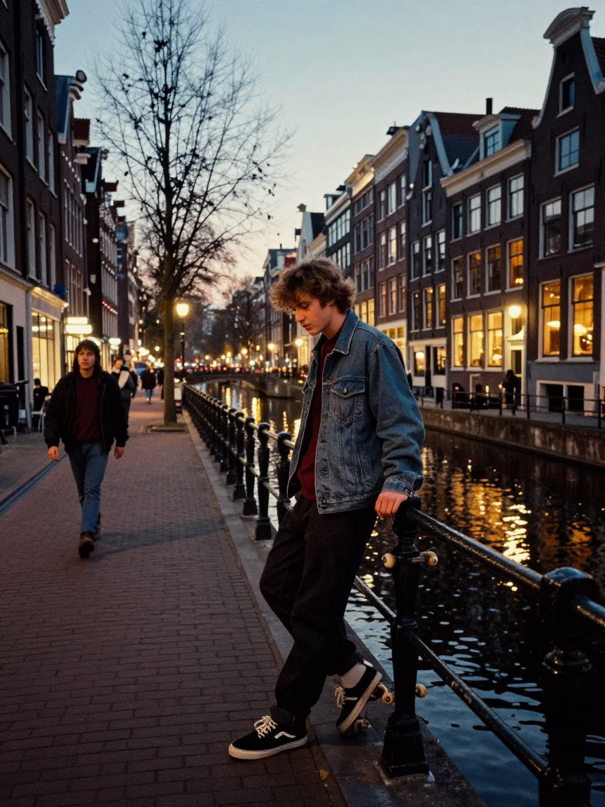 Amsterdam Canal House Street Scene at Dusk with Skateboard and Cobblestones in in Amsterdam, Netherlands